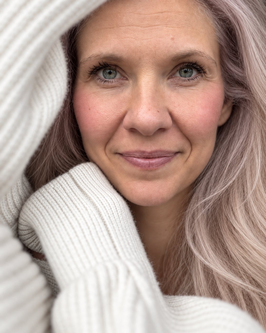 Anny im hellen Strickpullover, den Kopf in die Hand gelehnt